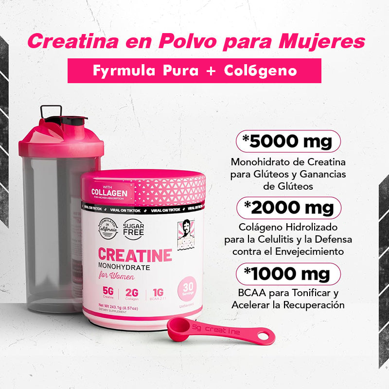 Creatina Monohidratada Vivauna para Mujeres con Colágeno y BCAA - Suplemento en Polvo para Músculos, Cabello Saludable, Piel, Uñas y Recuperación