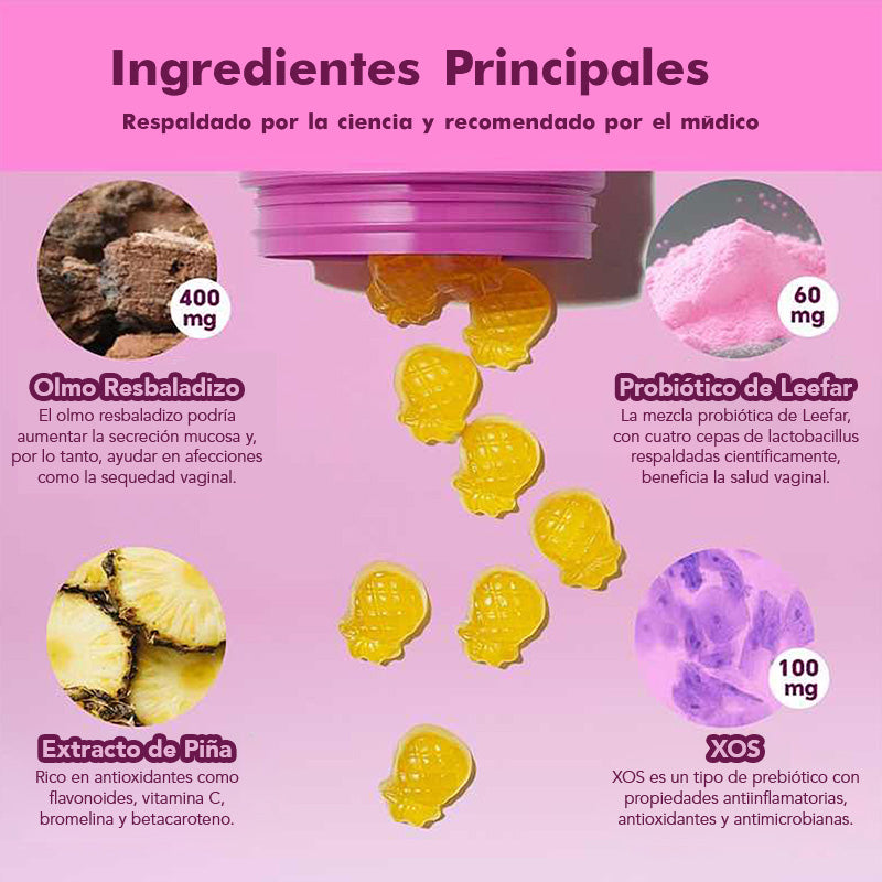 Gomitas Probióticas Femeninas Vivauna – Solución Todo en Uno con Olmo Resbaladizo, Prebióticos y Mezcla de Probióticos Lactobacillus para el Equilibrio del pH y la Sequedad Femenina – Sabor Piña Hawaiana – 60 Gomitas
