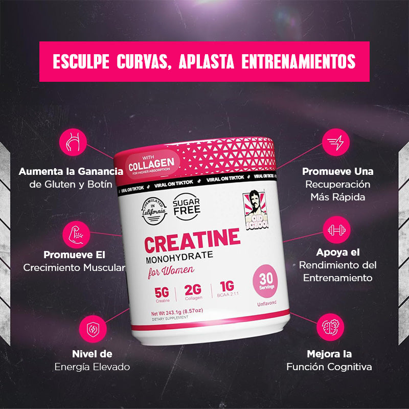 Creatina Monohidratada Vivauna para Mujeres con Colágeno y BCAA - Suplemento en Polvo para Músculos, Cabello Saludable, Piel, Uñas y Recuperación