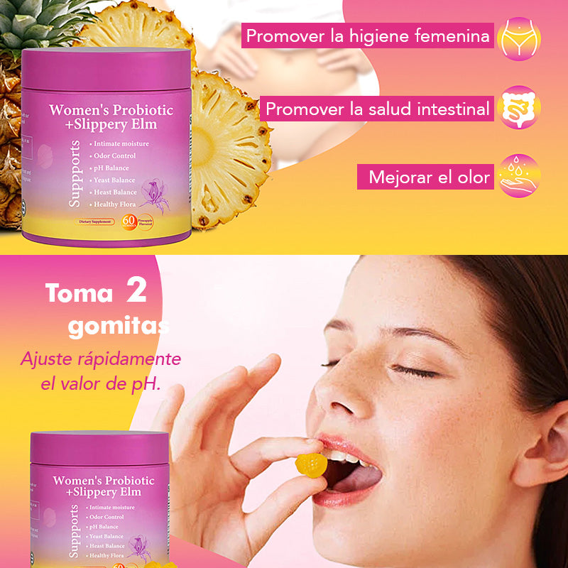 Gomitas Probióticas Femeninas Vivauna – Solución Todo en Uno con Olmo Resbaladizo, Prebióticos y Mezcla de Probióticos Lactobacillus para el Equilibrio del pH y la Sequedad Femenina – Sabor Piña Hawaiana – 60 Gomitas